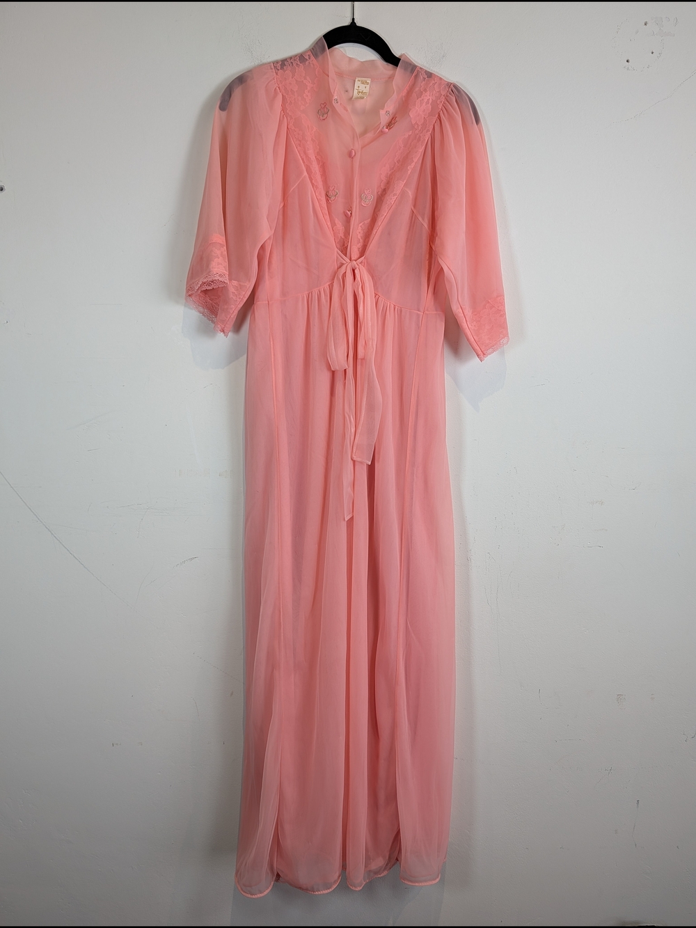 Vintage Texsheen Sheer Coral-Pink Tie Waist Layered Sleep Dress, Size M